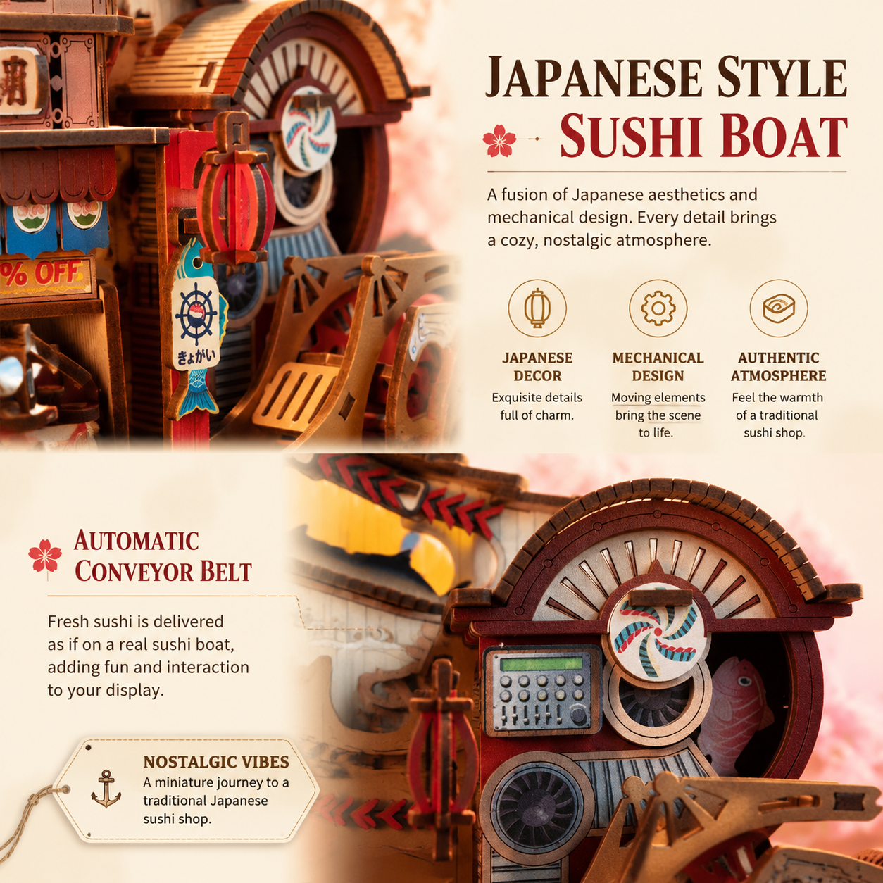 Japanese Sushi Shop Miniature House – DIY Mechanical Wooden Model with LED Lights & Music