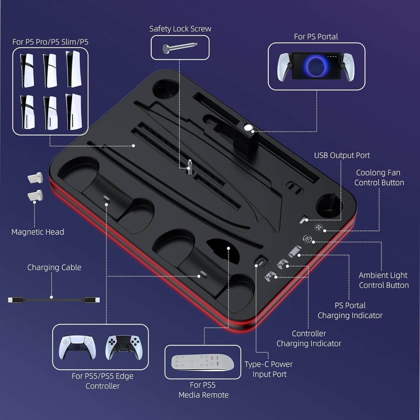 Cooling & Charging Stand Compatible with PS5 Slim, Disc & Digital, with Magnetic Charger for PS Portal