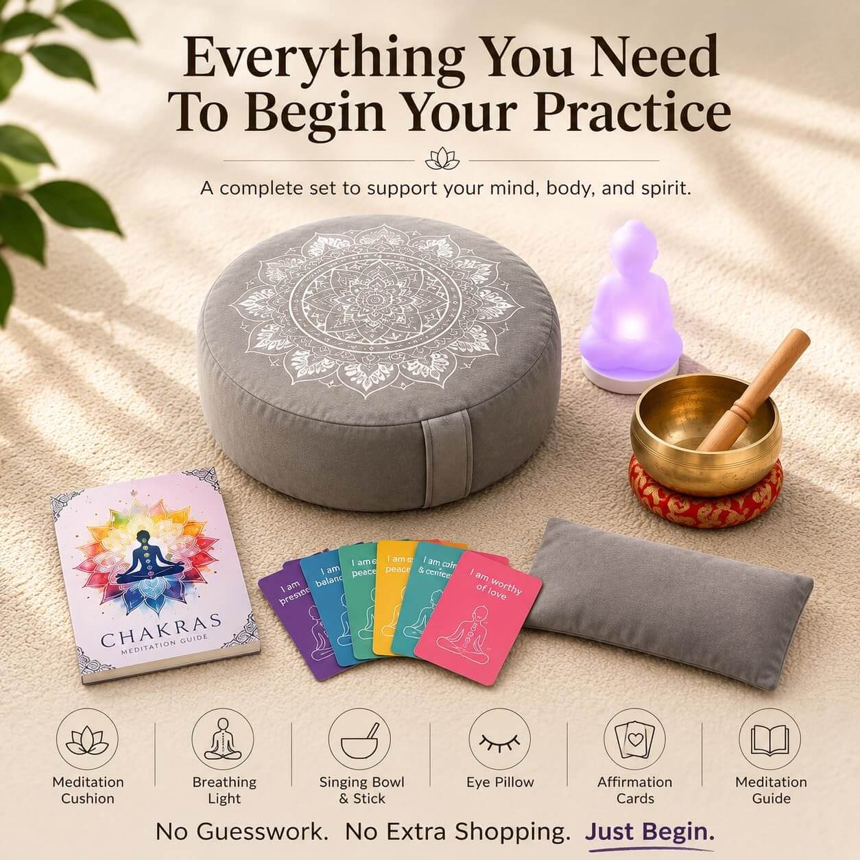 Complete meditation cushion kit with everything needed for a mindful practice