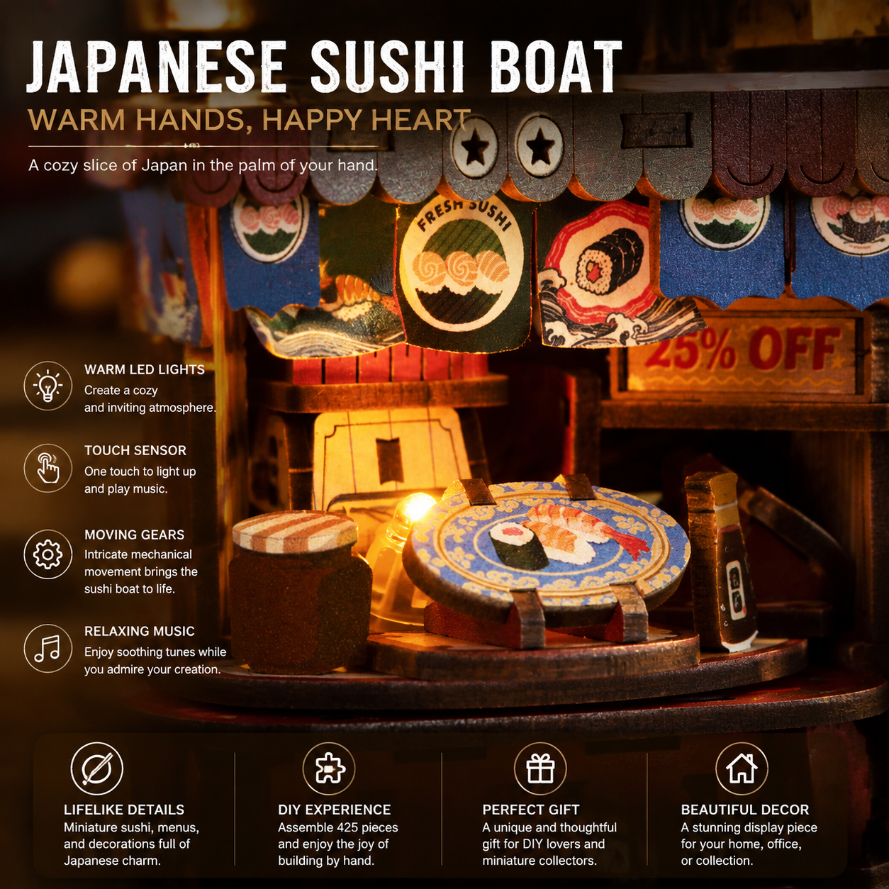 DIY Japanese sushi shop miniature house kit featuring LED lighting, interactive touch sensor, mechanical gears, and wooden craft details