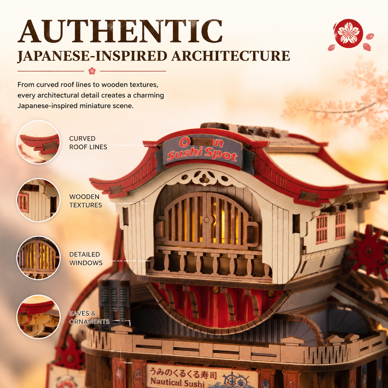 DIY Japanese sushi shop miniature house kit featuring traditional roof design, wooden details, and handcrafted miniature architecture