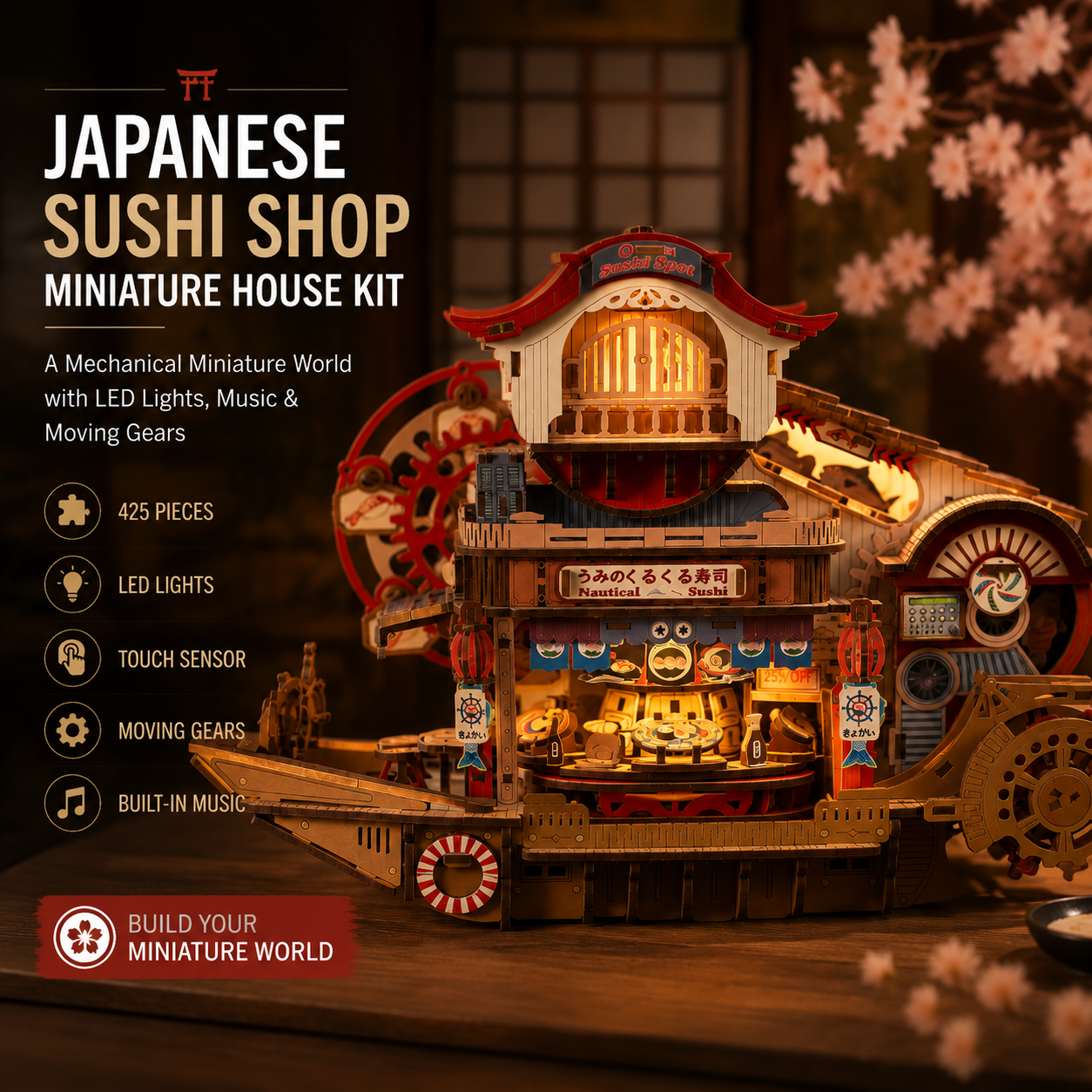 DIY Japanese sushi shop miniature house kit with mechanical gears, LED lighting, touch sensor, and wooden model details