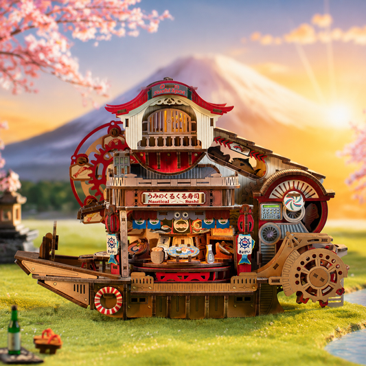Japanese sushi shop miniature house kit with mechanical gears, LED lights, and wooden DIY model design