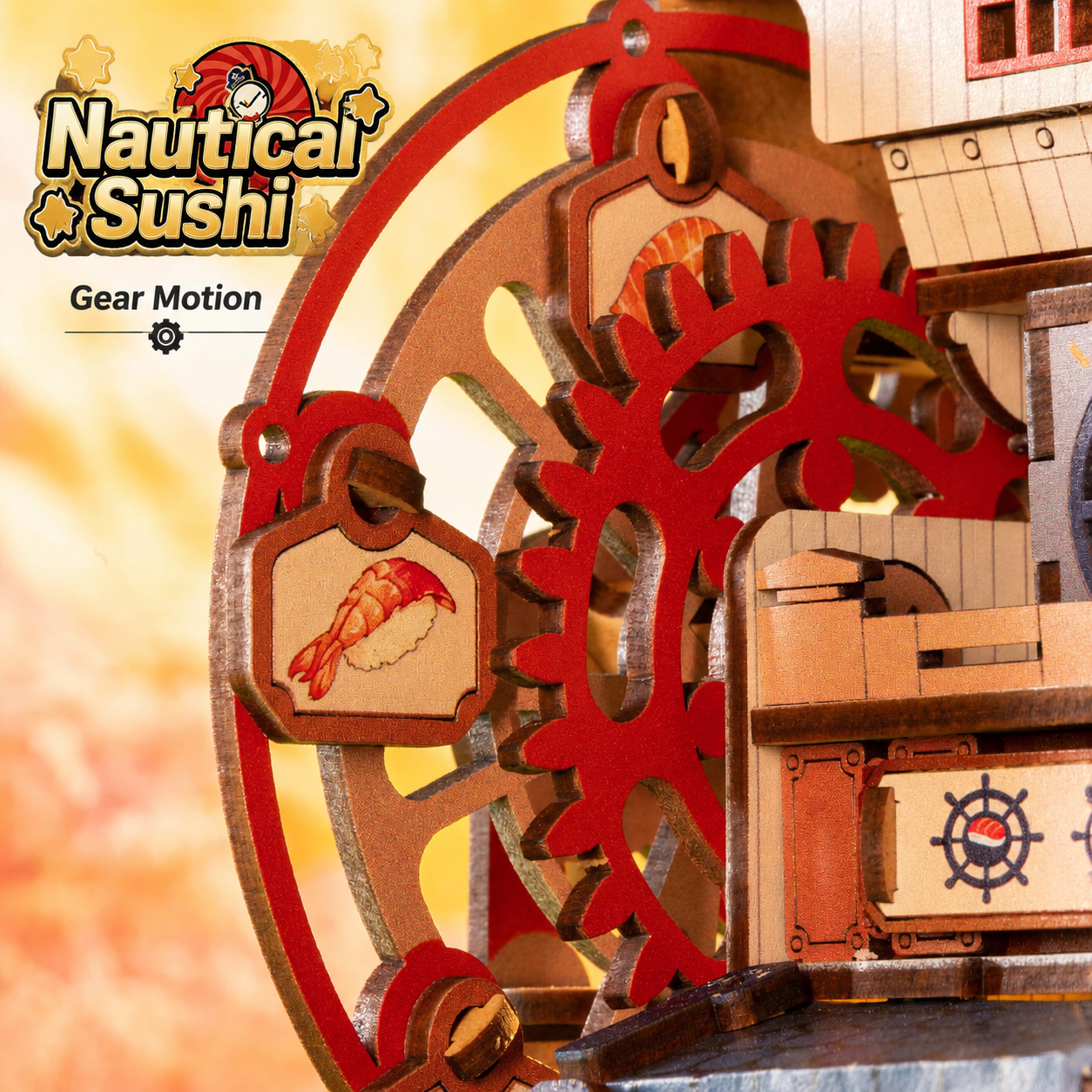 DIY Japanese sushi shop miniature house kit with precision moving gears and detailed wooden mechanical design