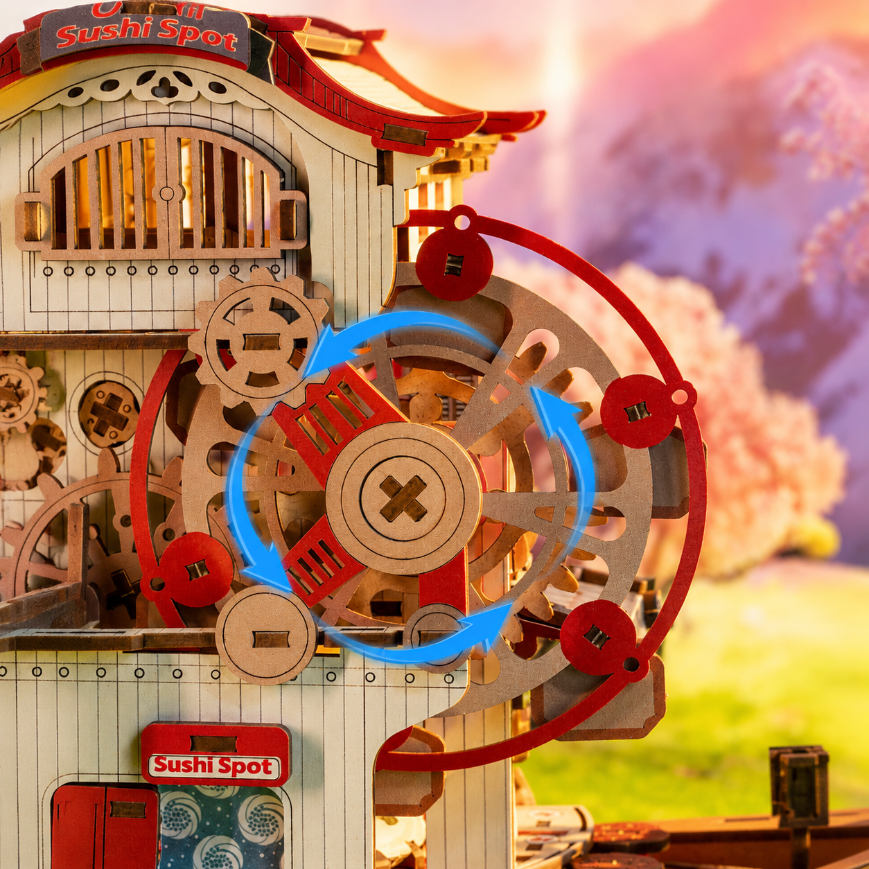 DIY Japanese sushi shop miniature house kit with moving mechanical gears and wooden craftsmanship details