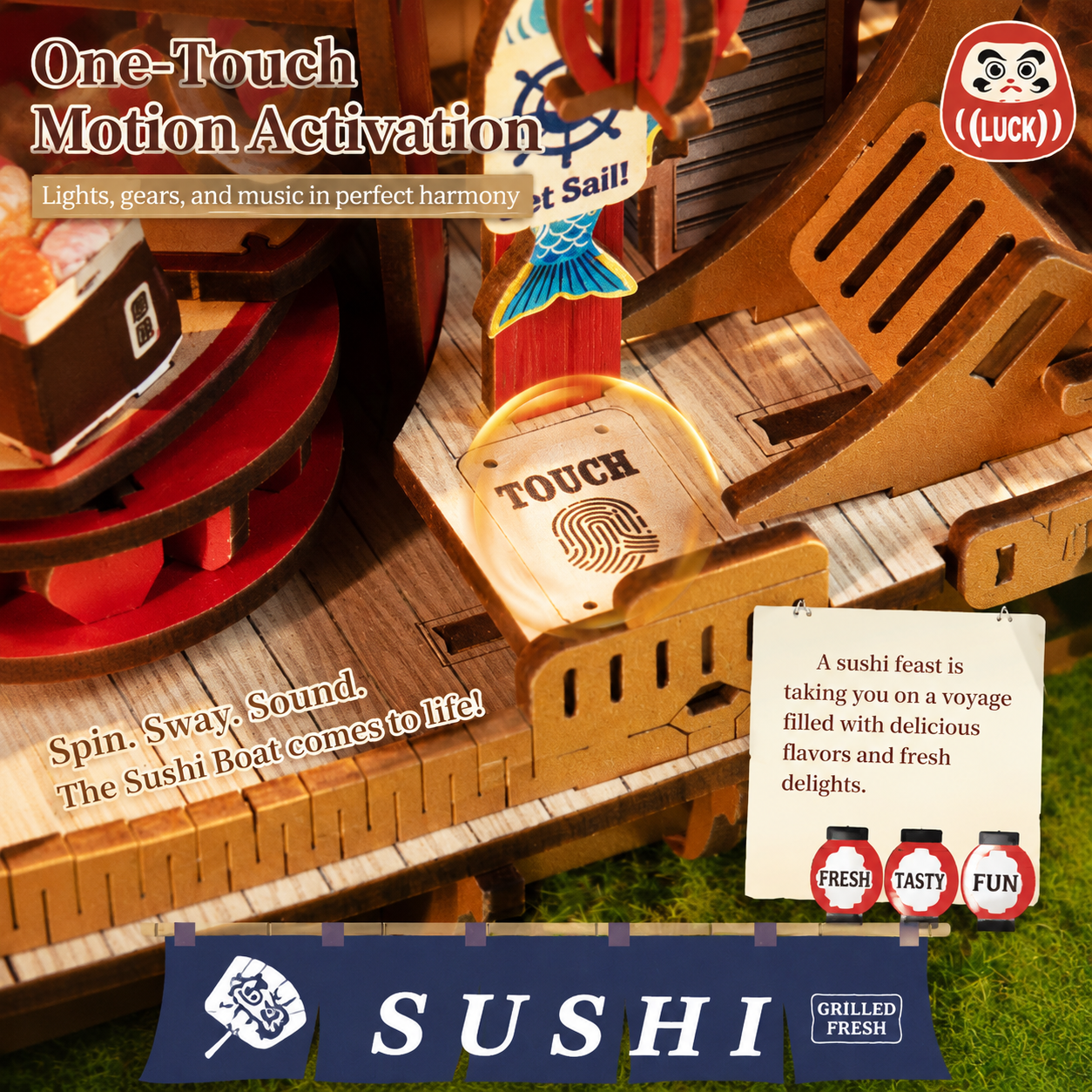DIY Japanese sushi shop miniature house kit with touch sensor, LED lights, music, and interactive mechanical features