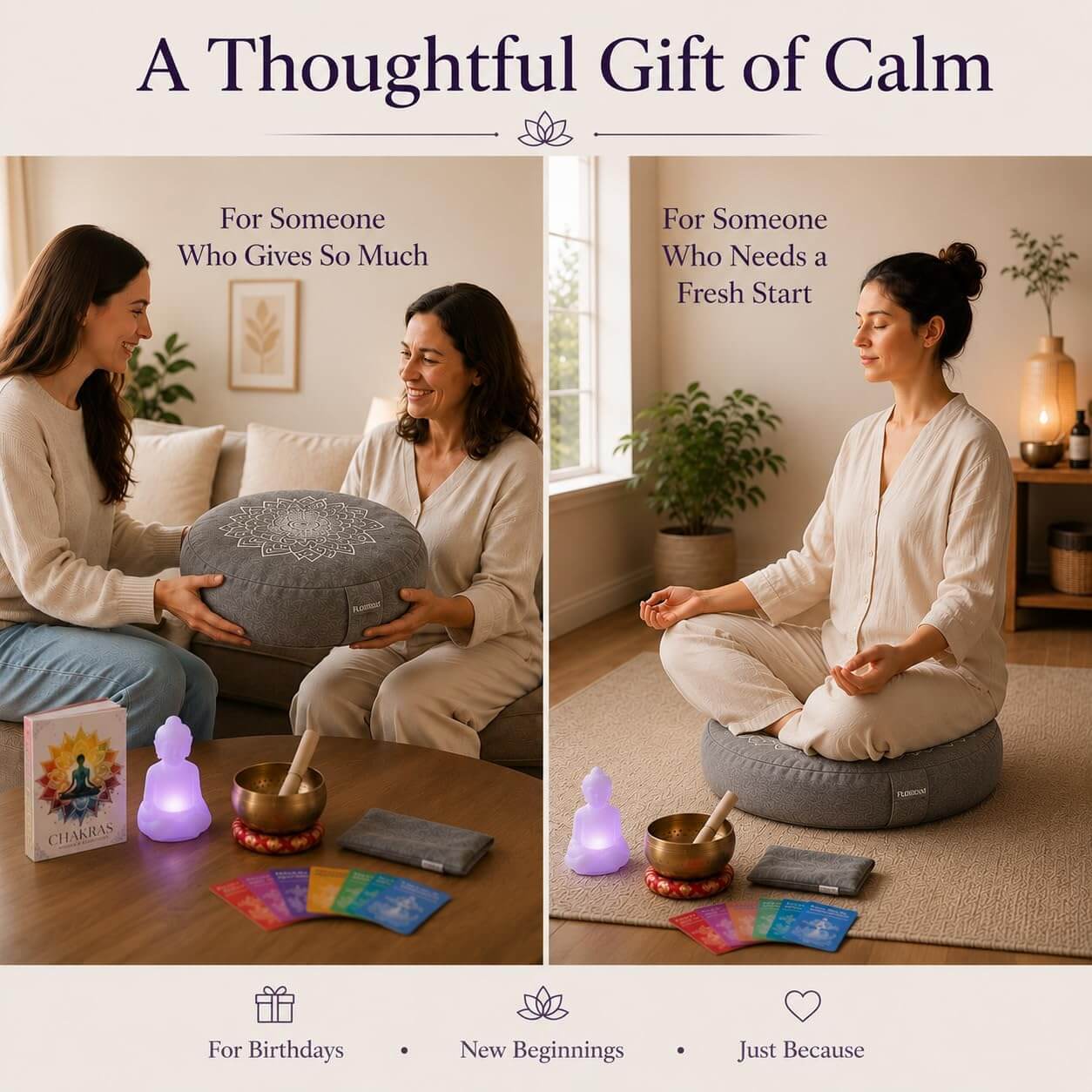 Thoughtful meditation cushion gift for yoga and wellness enthusiasts