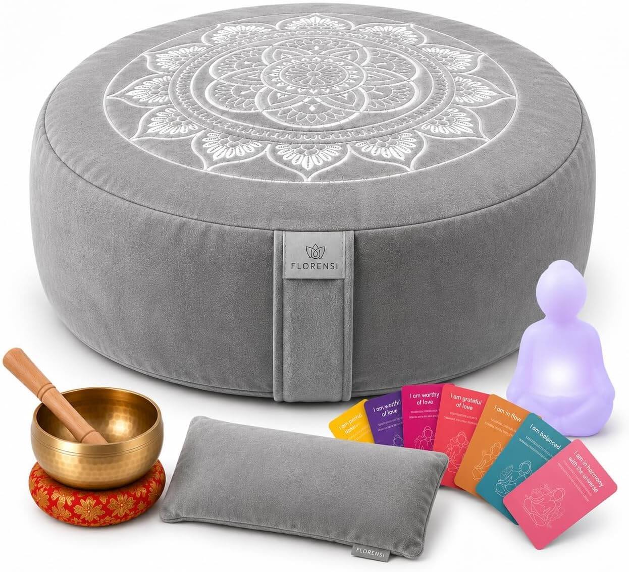 Meditation cushion kit with sound bowl, crystals, and relaxation accessories