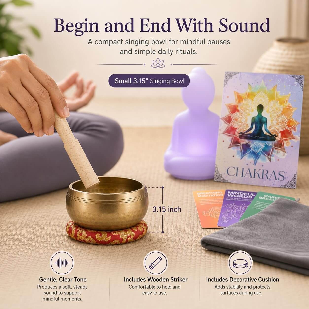 Meditation cushion set with singing bowl for calming sound meditation