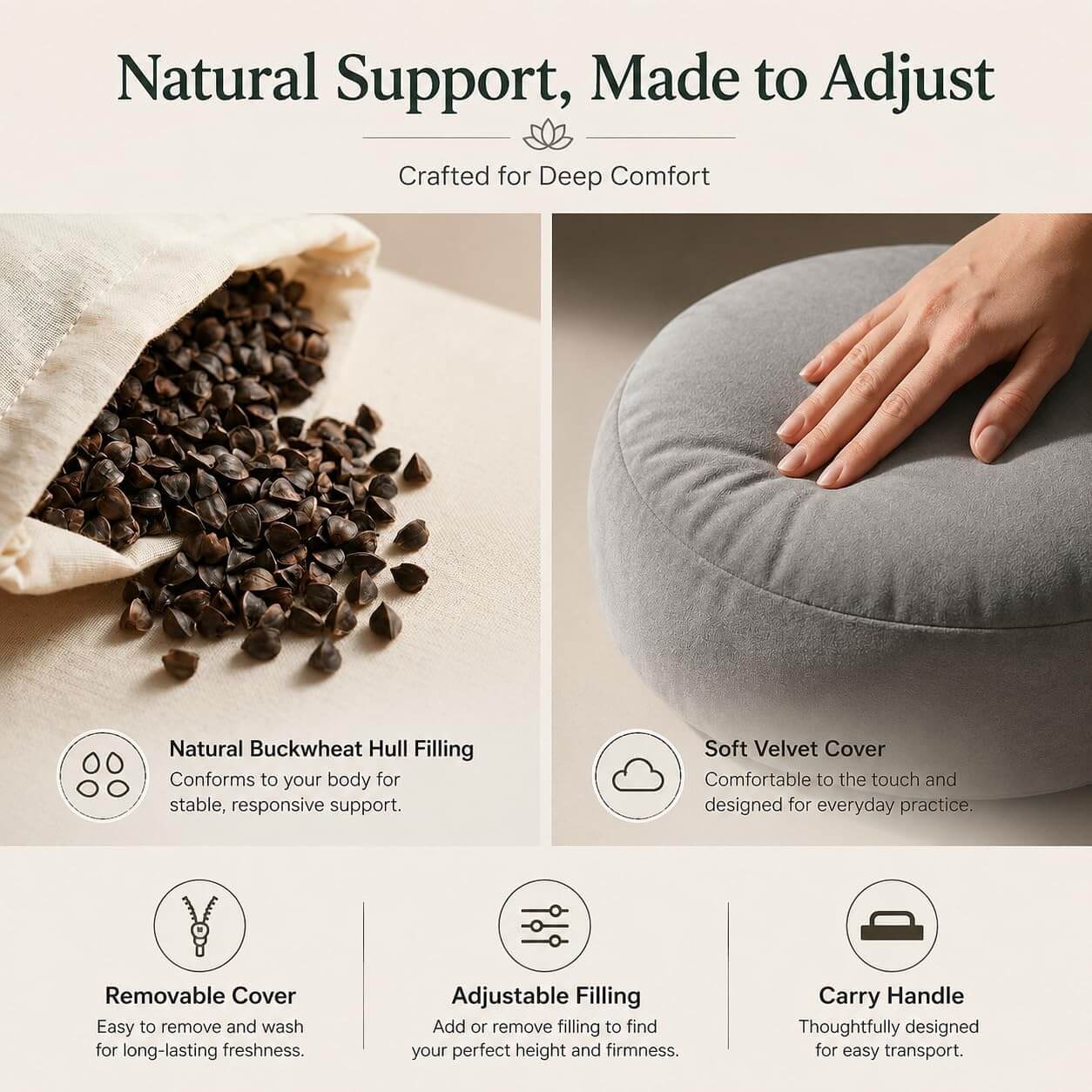 Natural materials and ergonomic support of a meditation cushion