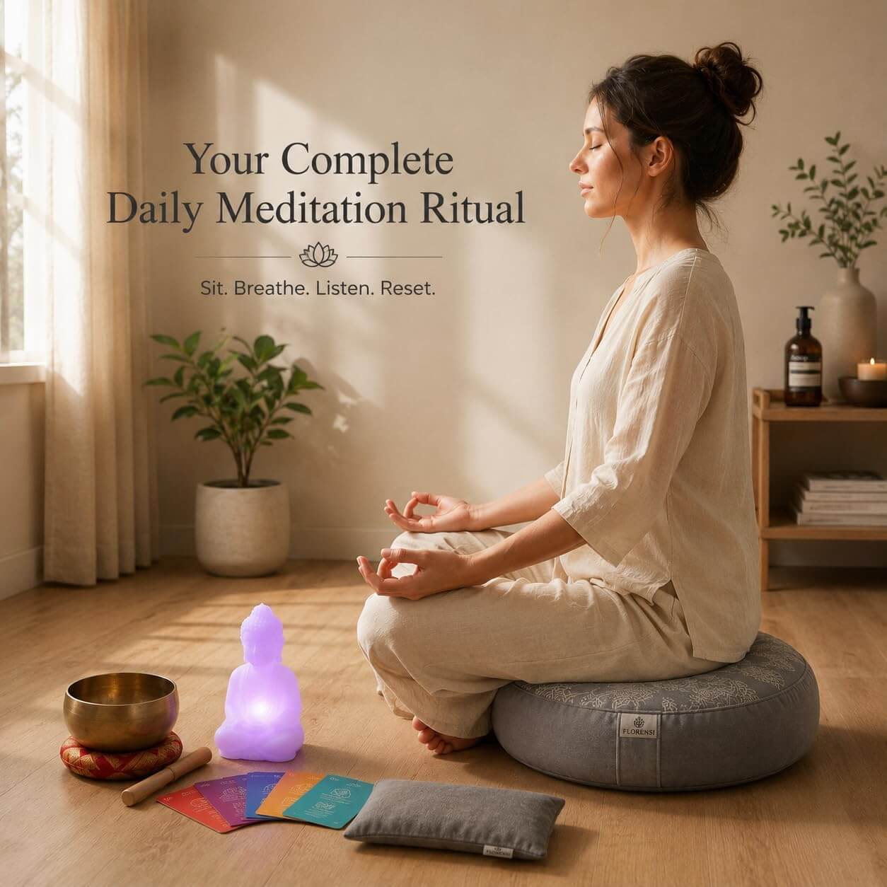 Woman practicing meditation with a comfortable meditation cushion at home