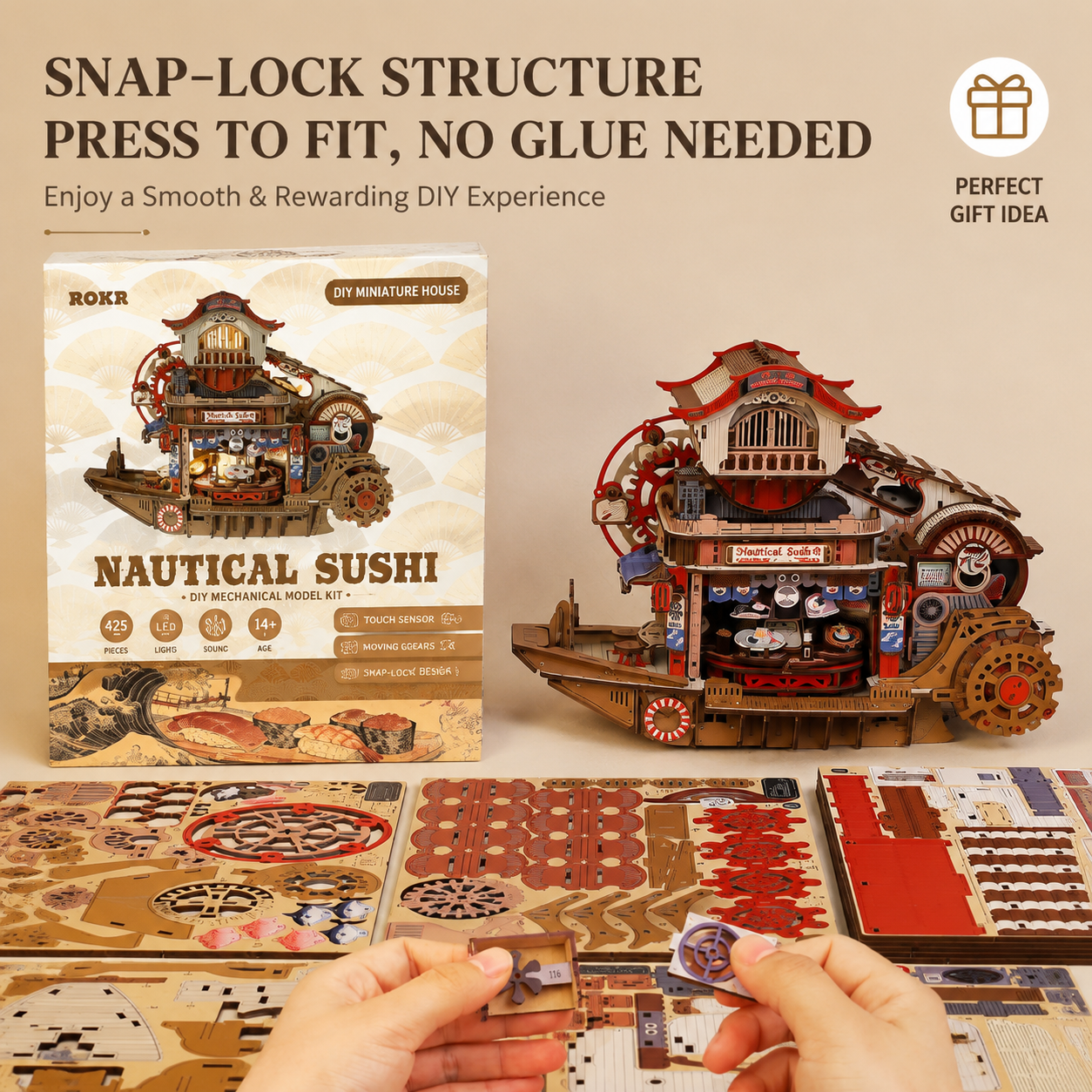 Japanese sushi shop DIY miniature house kit with wooden pieces, easy assembly, and creative building experience