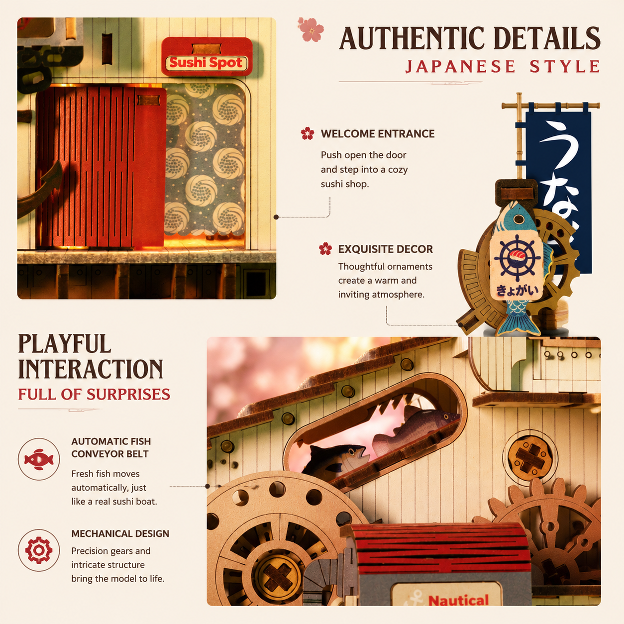 Japanese Sushi Shop Miniature House – DIY Mechanical Wooden Model with LED Lights & Music